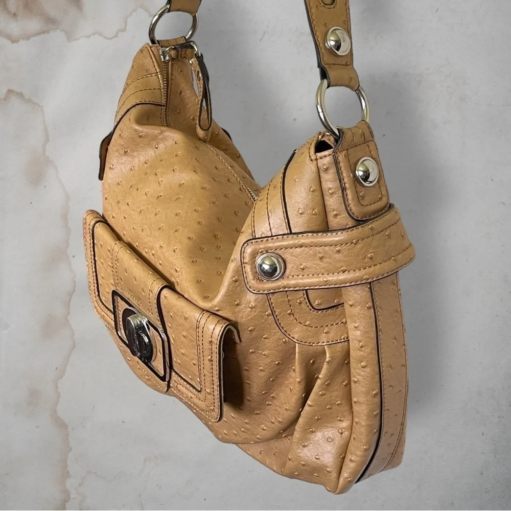 GUESS Enchanted Faux Ostrich Leather Tan and Silver Hobo Bag